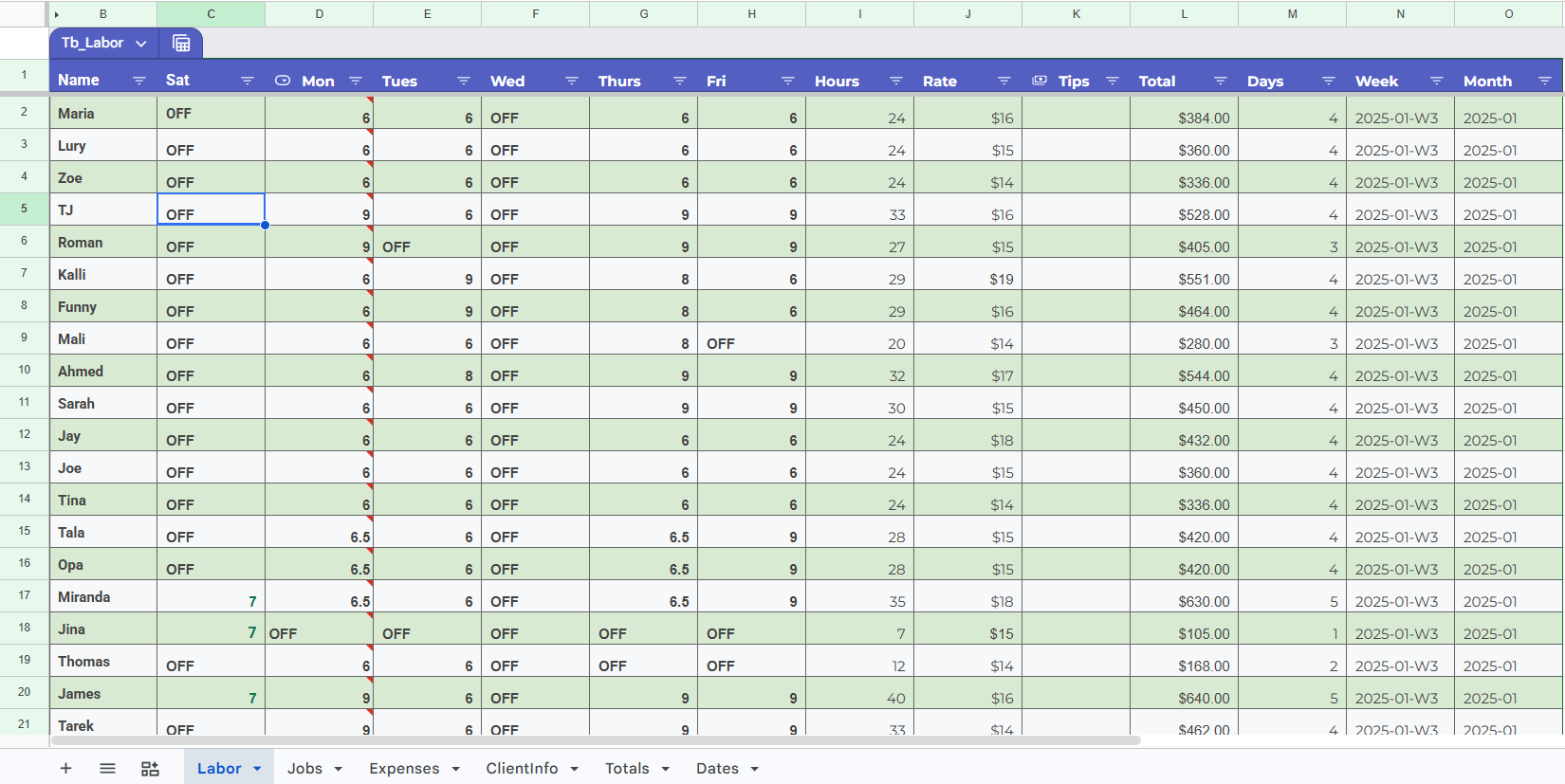 Structured Labor sheet with employee hours, rates, tips, totals, weeks, and months
