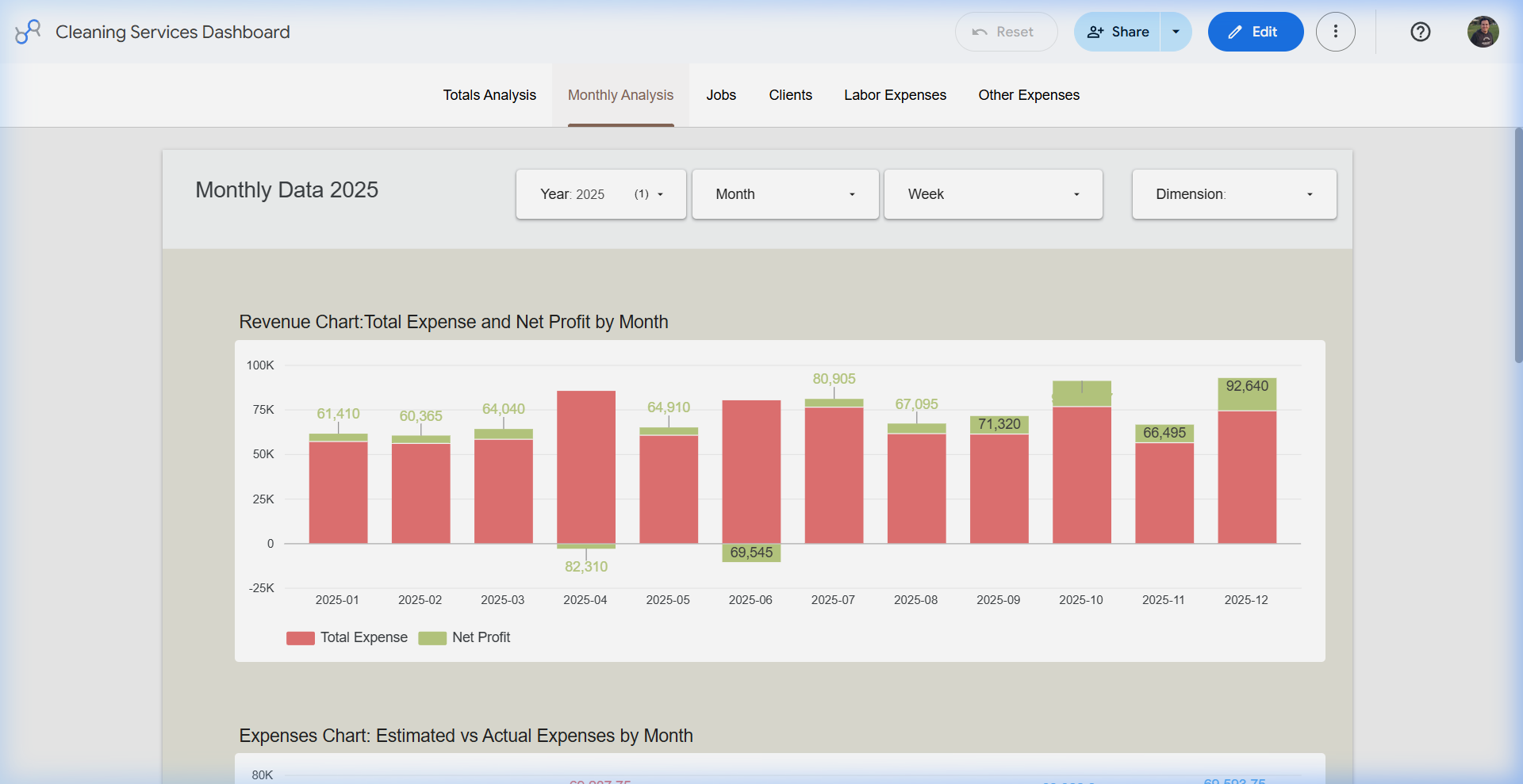 Monthly analysis dashboard comparing total expense and net profit by month