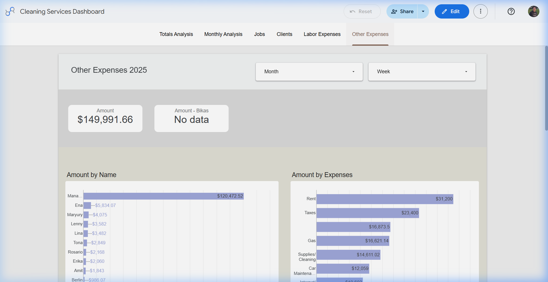 Other expenses dashboard showing amount by name and expense category