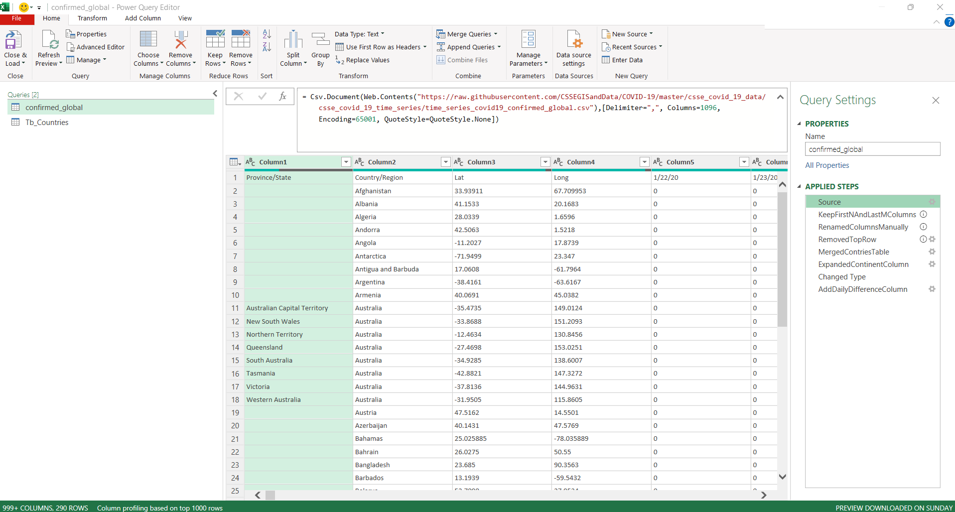 Power Query editor showing the data connection and transformation steps