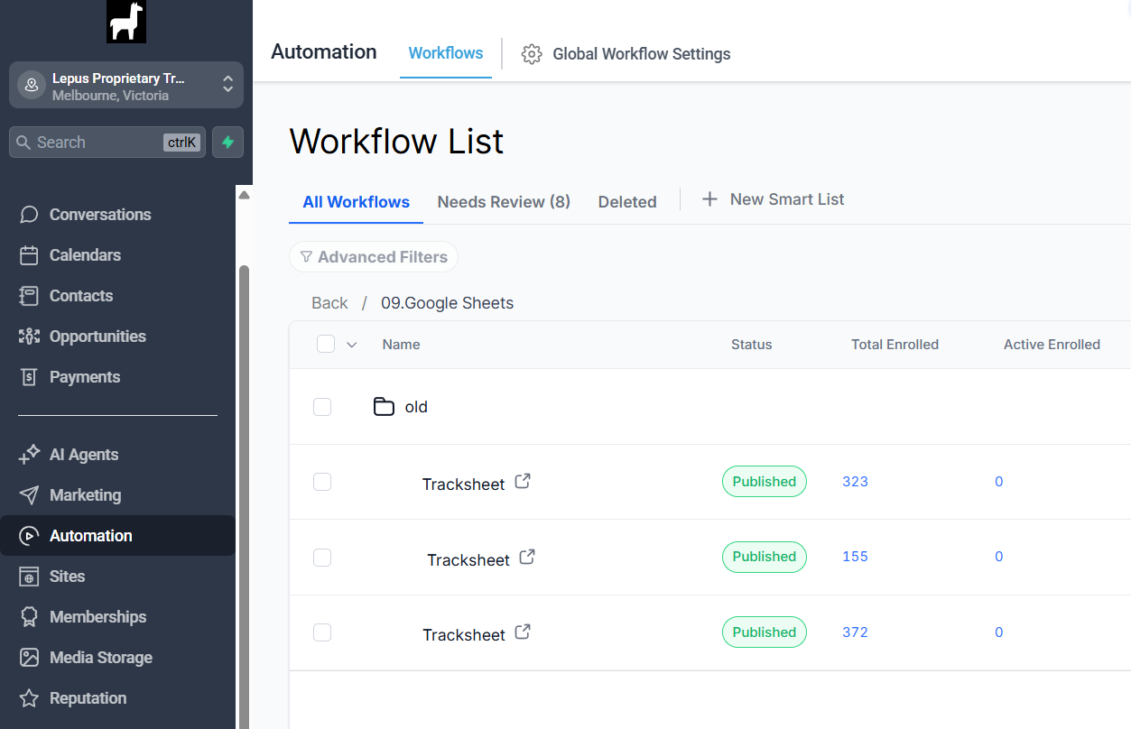 Published workflow list in GoHighLevel showing the tracking workflows