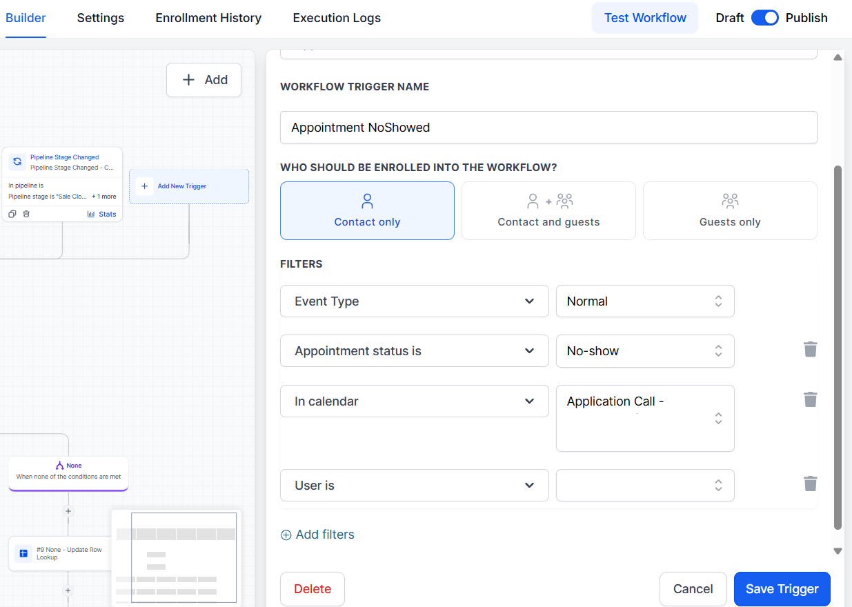 Appointment no-show trigger setup in GoHighLevel