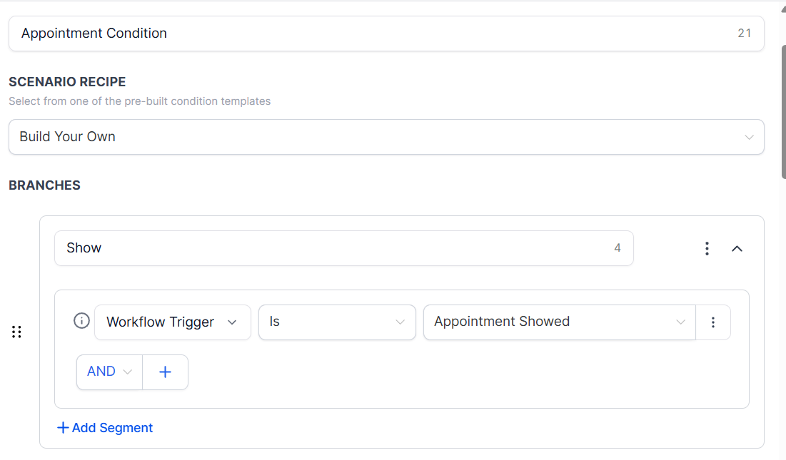 Condition step showing appointment branch logic