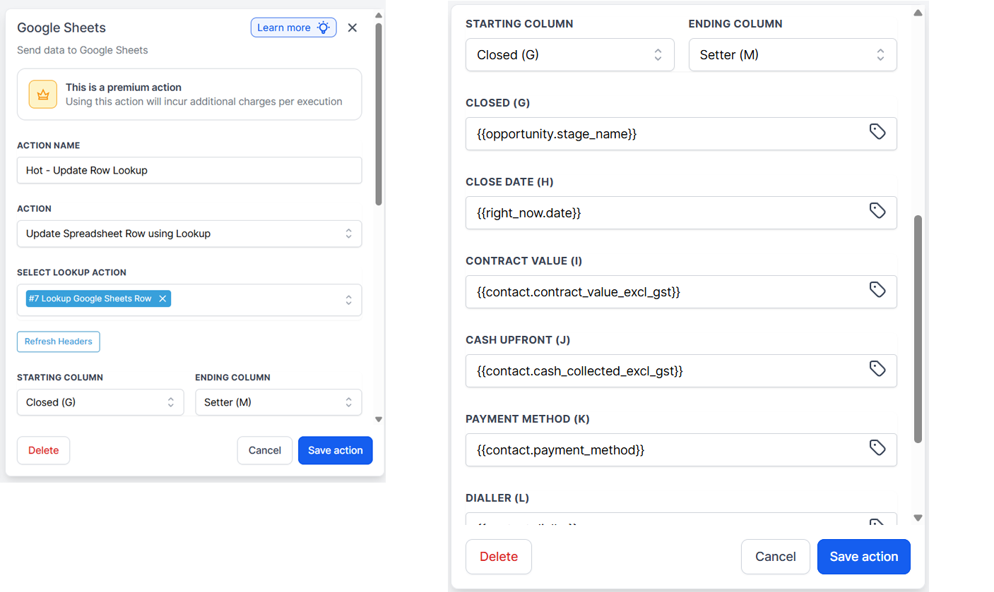 Google Sheets update row action mapping closed sale fields into the tracker