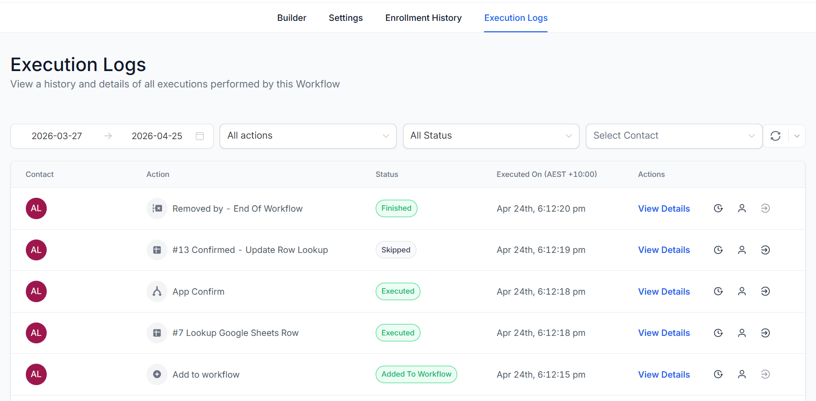 GoHighLevel execution logs showing lookup and update actions running