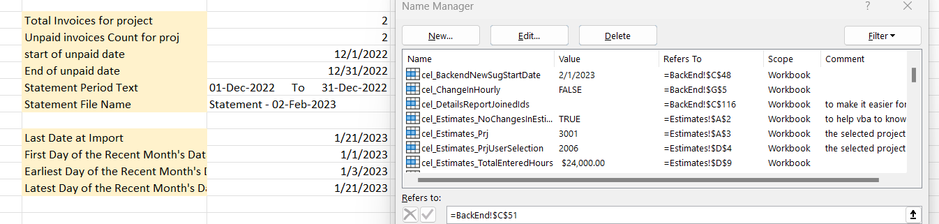 Excel Name Manager showing named ranges for backend configuration including dates, project selections, and invoice tracking