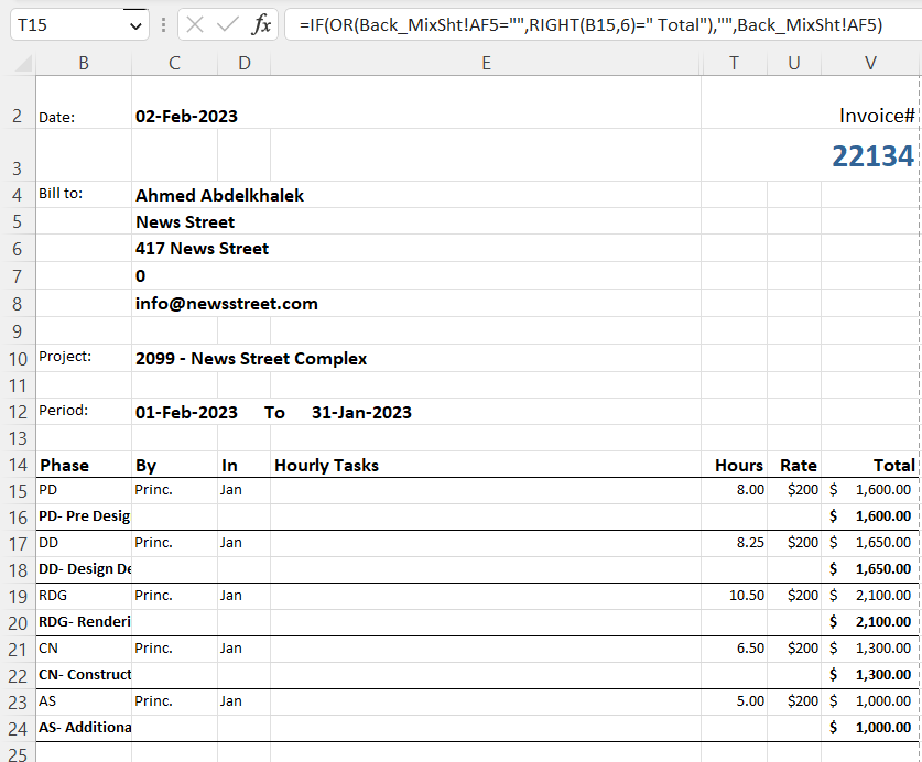 Excel invoice template showing formulas that dynamically populate invoice fields from the data layer